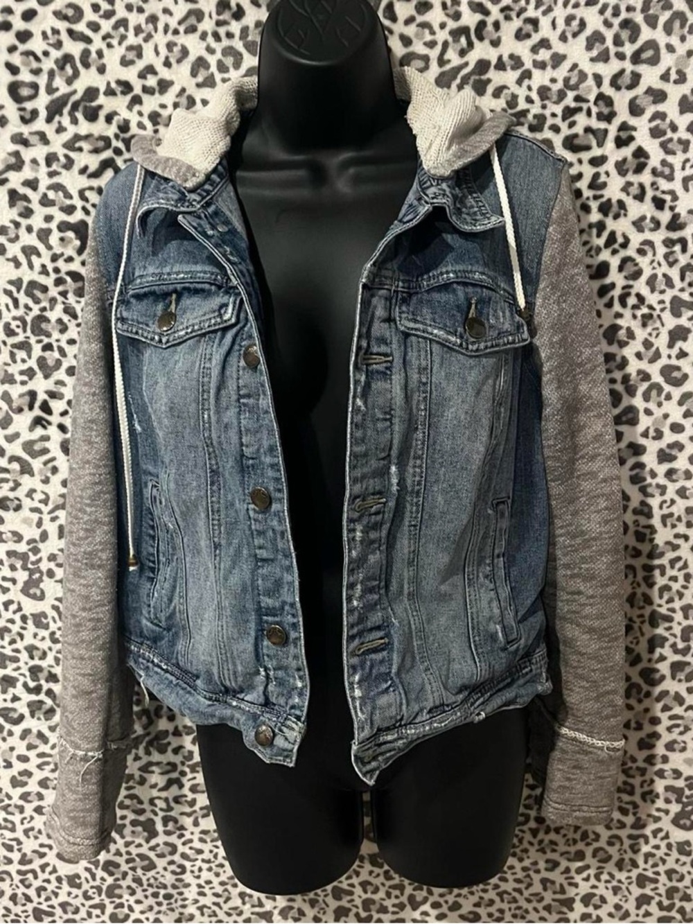 Free People Faded Blue Denim Jacket with Heather Gray Knit Hooded Sleeves